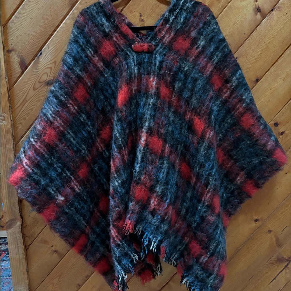 Vintage Tilly Horst Red and Black Plaid Mohair Poncho with Toggle Closure